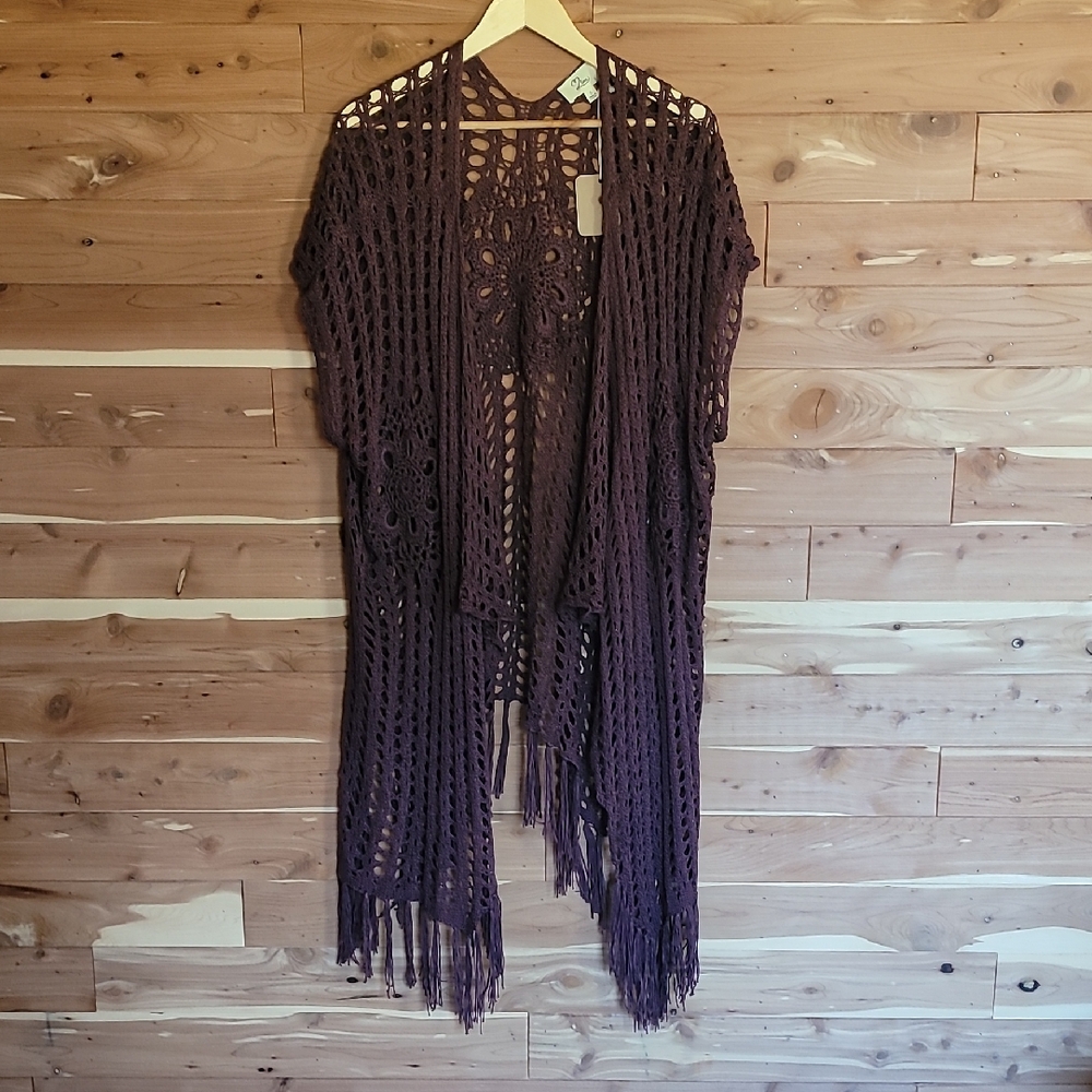 Love Crochet Fringe Cardigan, Size S, Plum Purple, Soft, 100% Cotton